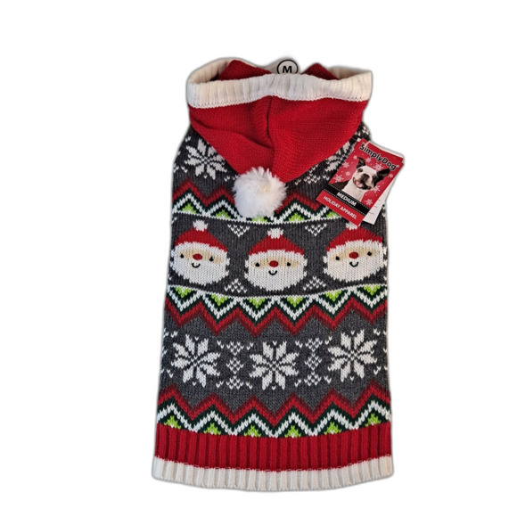 Simply Dog Christmas Sweater Size M Pom Pom Hooded Santa Claus Red/Gray - Picture 1 of 5